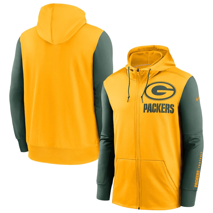 NFL Nike Green Bay Packers Gold Green Fan Gear Mascot Performance FullZip Hoodie->green bay packers->NFL Jersey